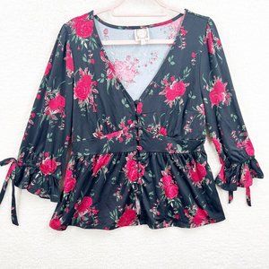 TRU SELF black red Rose Floral Blouse long Sleeve Top Size L New